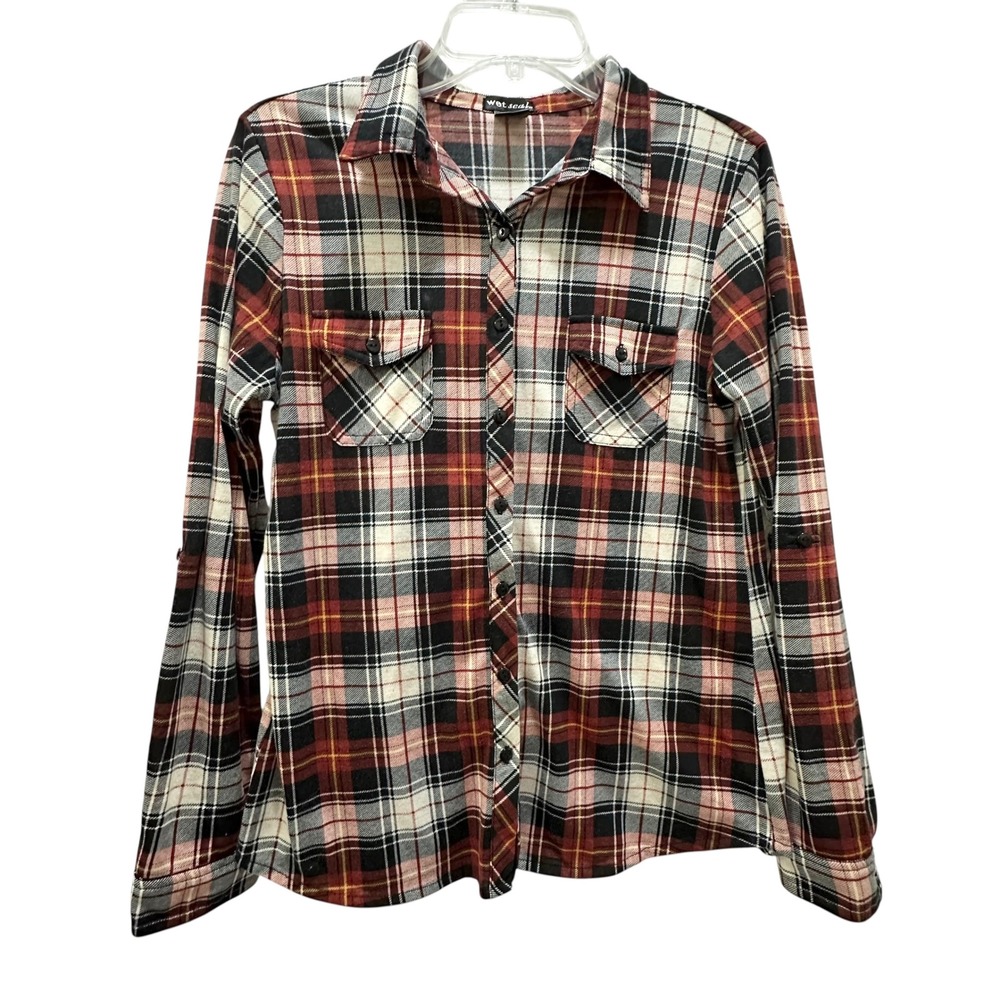Wet Seal Women's Long Sleeve Plaid Flannel Shirt Button Up Sz L Red Black Cream